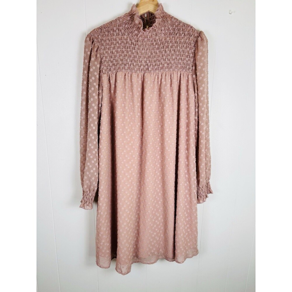 Hello Mia Dress Womens Medium Blush Pink Smocked Swiss Dot Long Sleeve Dress